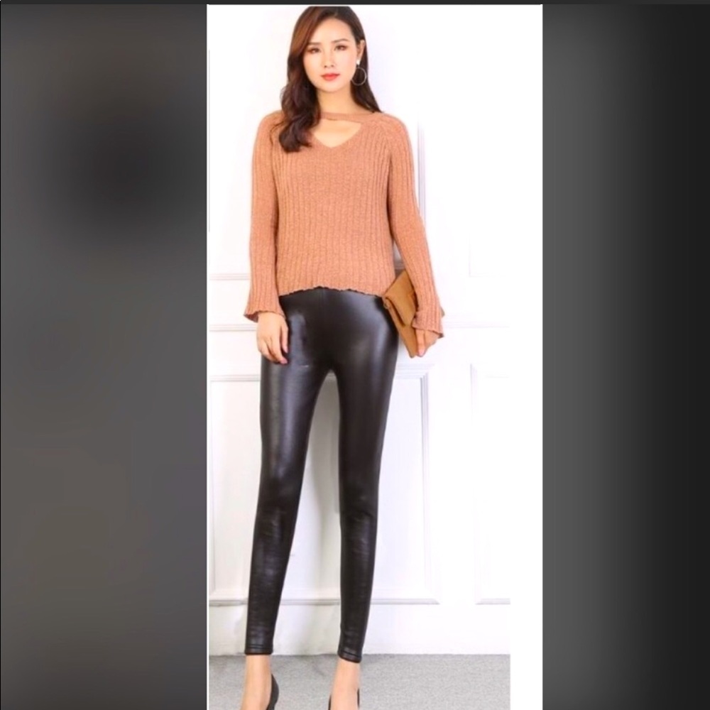 Black Faux Leather Brown Velvet lining Leggings - Picture 5 of 8